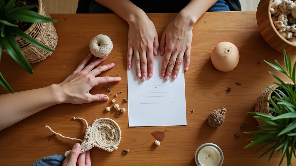 Grounding toolkit items on table, natural materials, hands visible, warm lighting, overhead perspective