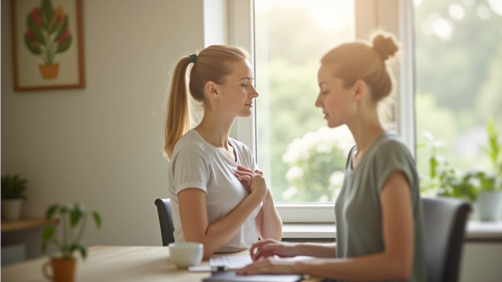 Person practicing breathing exercise, hands on chest, peaceful indoor setting, soft lighting, portrait shot