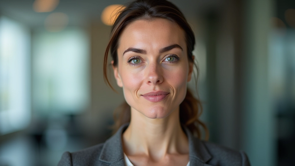 Woman in professional setting, calm expression, upper body portrait, office background, natural lighting